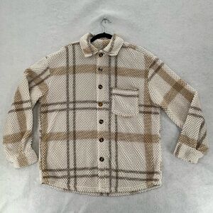 NWOT Zaful Fuzzy Fleece Plaid Pocket Single‎ breasted Jacket Light Coffee Medium